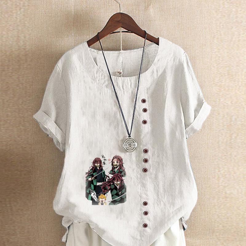 Damnytt mode linneskjorta rund hals kortärmad tecknade figurer tryckt t-shirt sommar damer vardaglig plusstorlek blus toppar