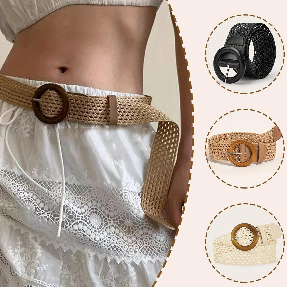 Round Buckle Waist Belt Straw Braided Belt Retro Woven Waistband for Holiday