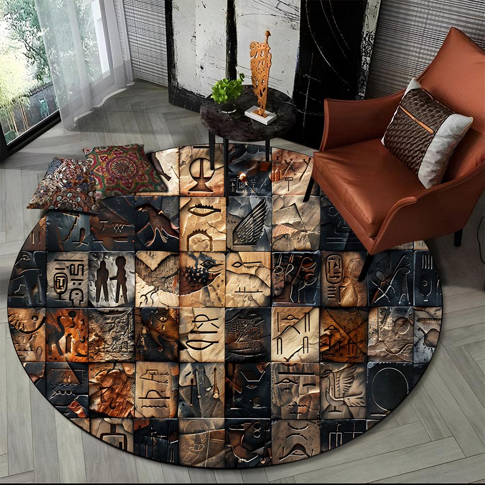 2025 New Ancient Egypt Hieroglyphic Mythology Wall Painting Glyph Round Carpet Rug for Bedroom Living Room Sofa,Decor Floor Mat