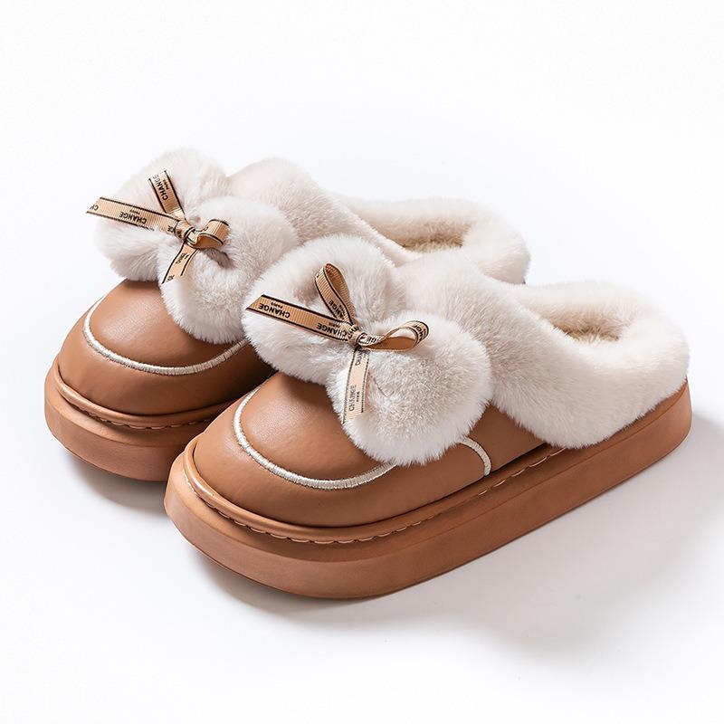 Urocze bawełniane wodoodporne kapcie z kokardką dla kobiet, jesienno-zimowe kapcie futerkowe dla par, ocieplane polarem, z pogrubioną podeszwą, ciepłe bawełniane kapcie