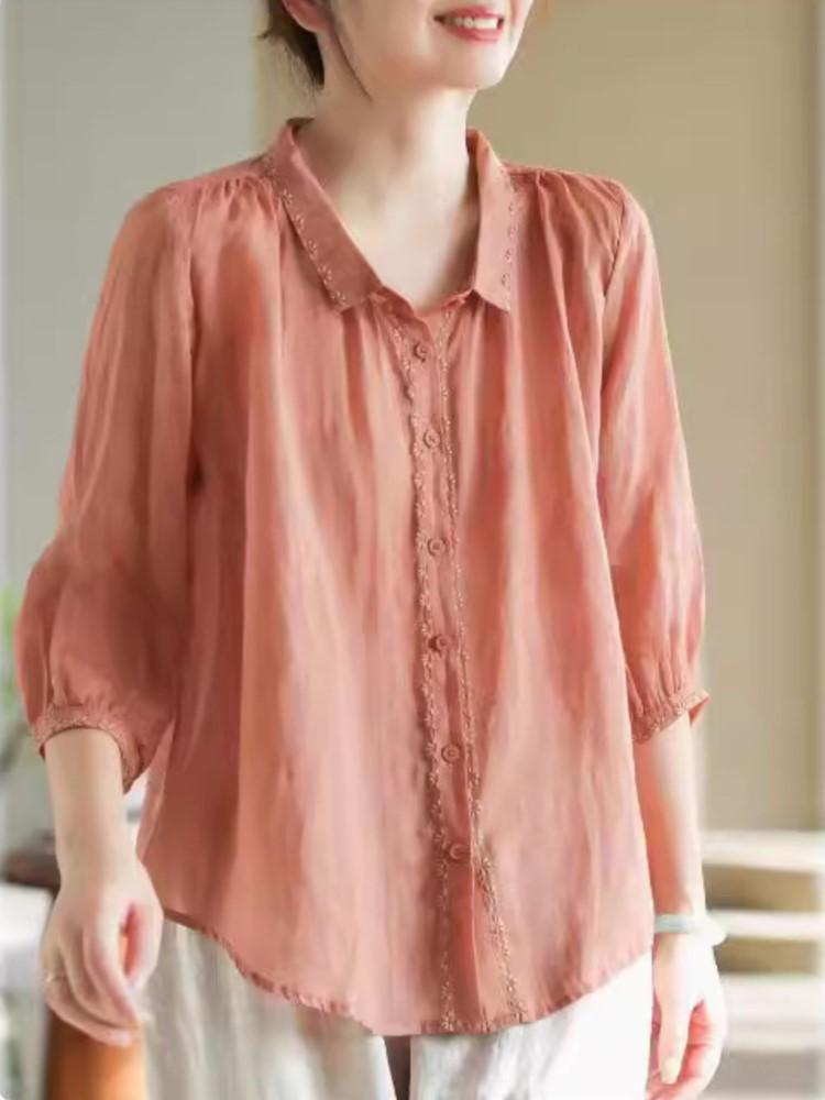

Johnature Women Embroidery Floral Shirts Tops Turn-down Collar Solid Color Seven Sleeve Summer Blouses Button Shirt