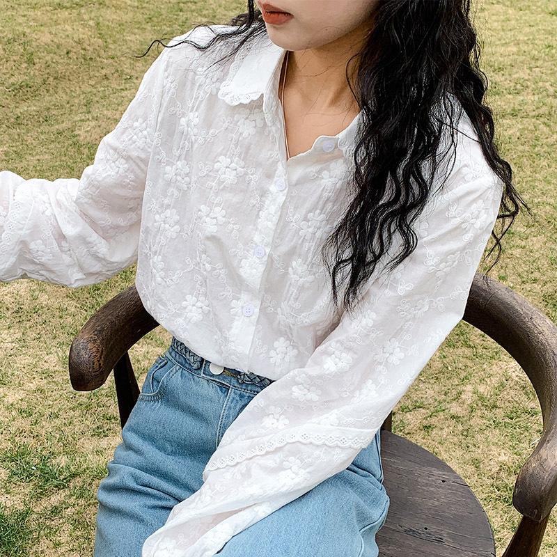 Lace Lace Lapel White Shirt Women's Embroidery Sweet Temperament Lady New Base Shirt