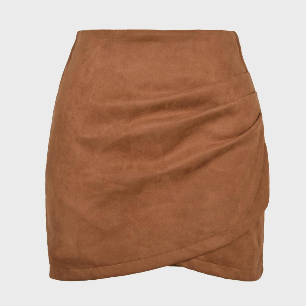 Suede Pleated Irregular Zipper Short Hip Skirt for Women