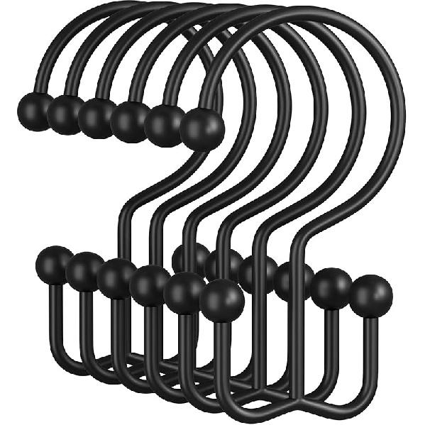 Amazer Black Shower Curtain Hooks, 12PCS Minimalist Simple Double Shower Curtain Rings, Rust-Resistant Metal Shower Hooks Shower Curtain Hangers, Minimalist - Double Hooks