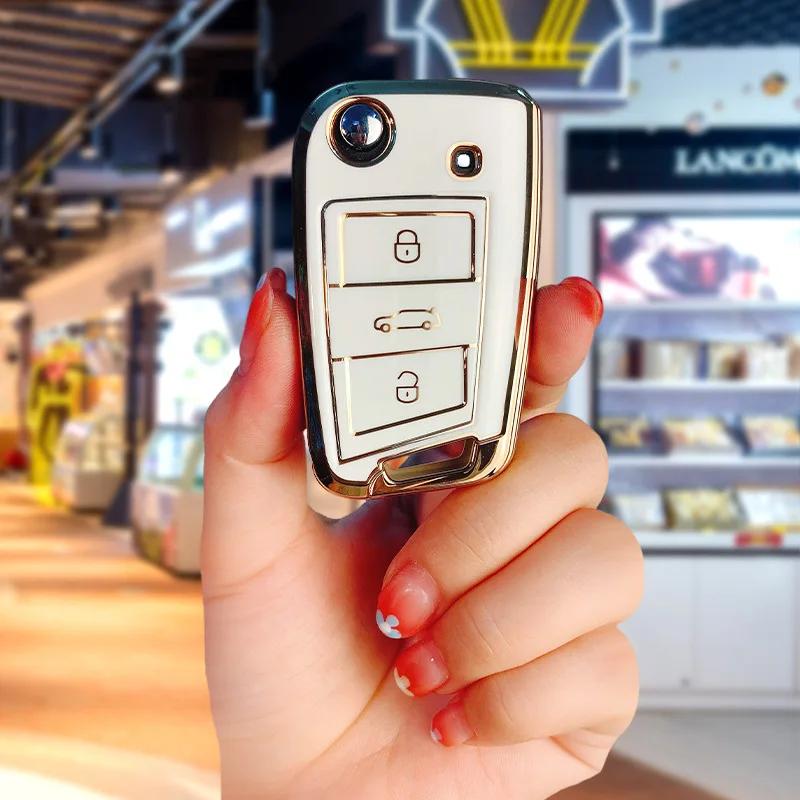 Rhinestone Keyring TPU Car Key Case for VW for Volkswagen MK7 GTI 7 Golf 7 Golf R Skoda Octavia A7 Sagitar Lavender POLO Tharu