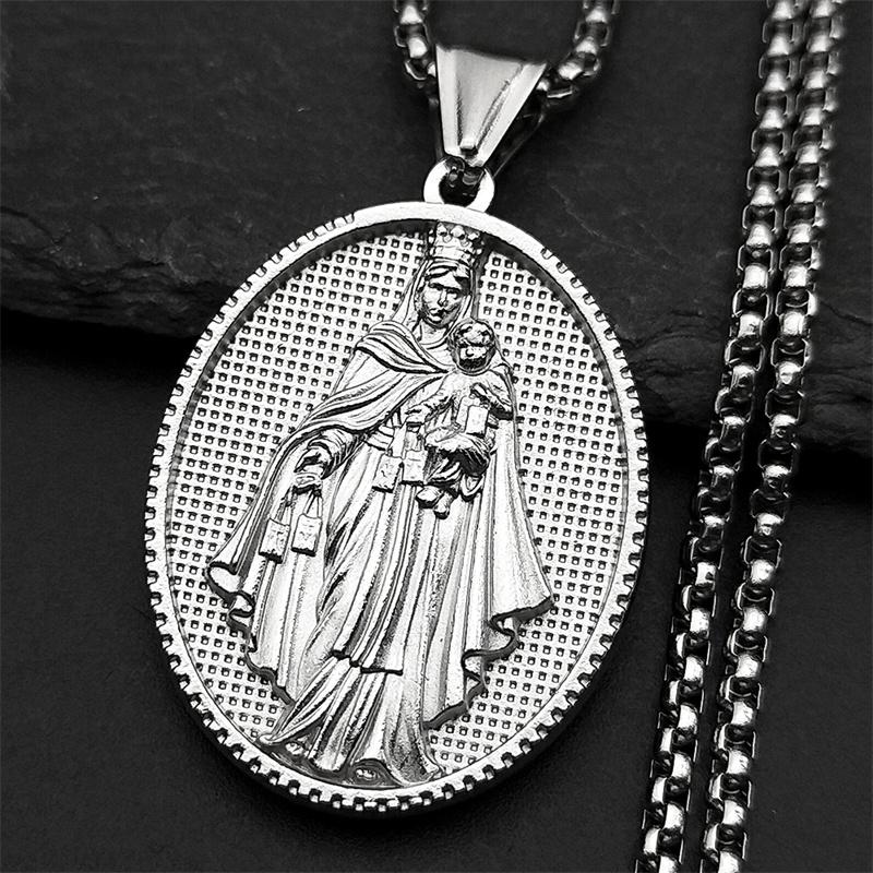 Classic Virgin Mary Jesus Pendant Necklace for Women Men Stainless Steel Gold Color Catholic Mother Mary Necklaces Jewelry Gift