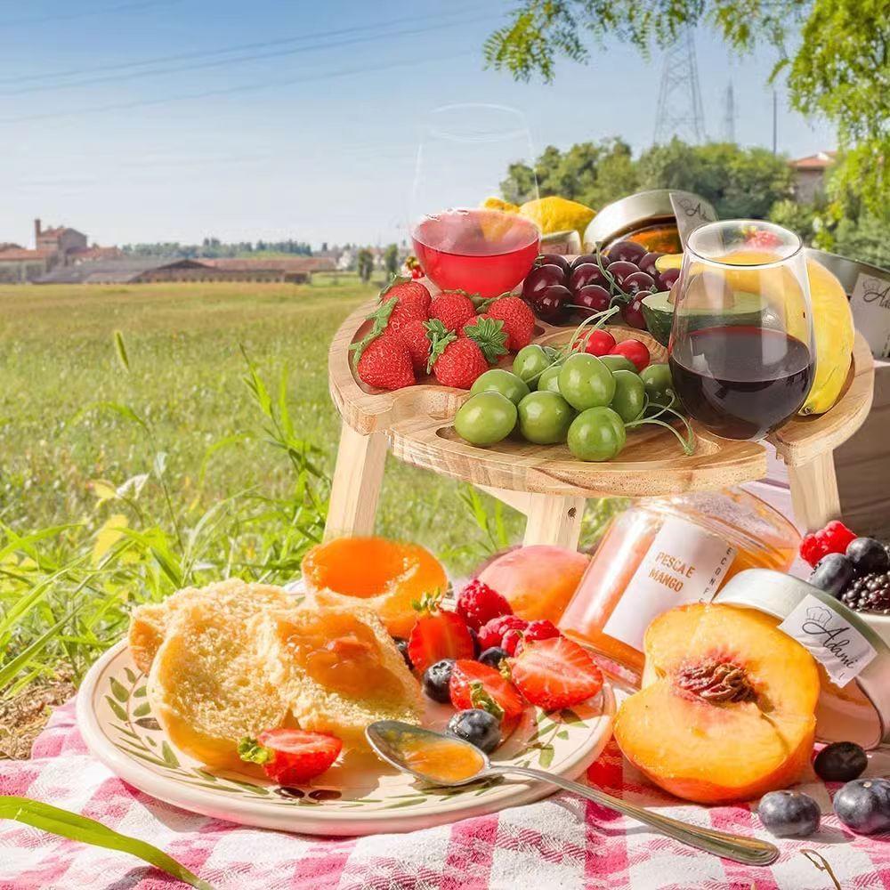 Camping Small Table Fruit Red Wine Camping Wooden Tray Dinner Plate Folding Round Wine Table Outdoor Fireplace Wooden Tray