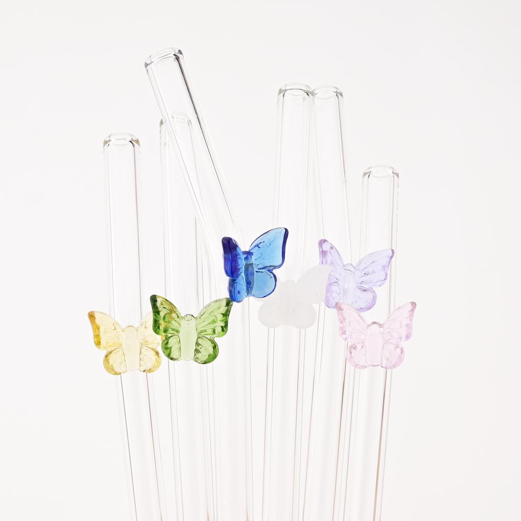 4pcs Butterfly Glass Straw with Brush 200*8mm Reusable Drinking Straw Set Milkshakes Cocktail Coffee Straws Home Bar Accessories