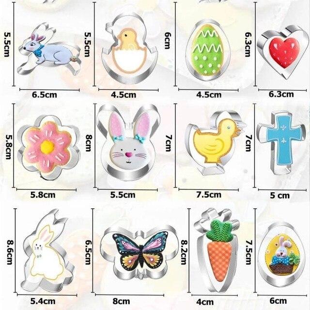 Stainless Steel Easter Bunny Cookie Cutters Set of 12 - Rabbit, Egg, Chick, Carrot Shapes for Baking, Pastry Molds