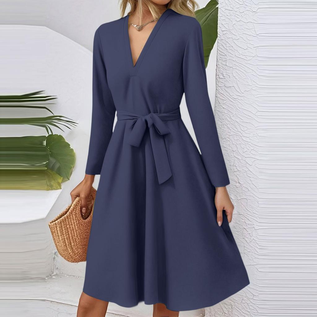 Women's Fashion Casual V-Neck Long Sleeve Waist Solid Color Midi Dress