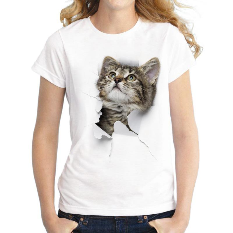Cat Printed Oversized Loose Casual Cotton Round Neck Short Sleeved Shirt with Worn Clothes T-Shirts Women’s