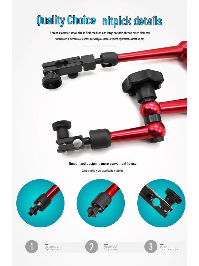 Magnetic Table Base with Dial and Lever Indicator, Universal Bracket Clamp, and Fine Adjustment Rod Accessories
