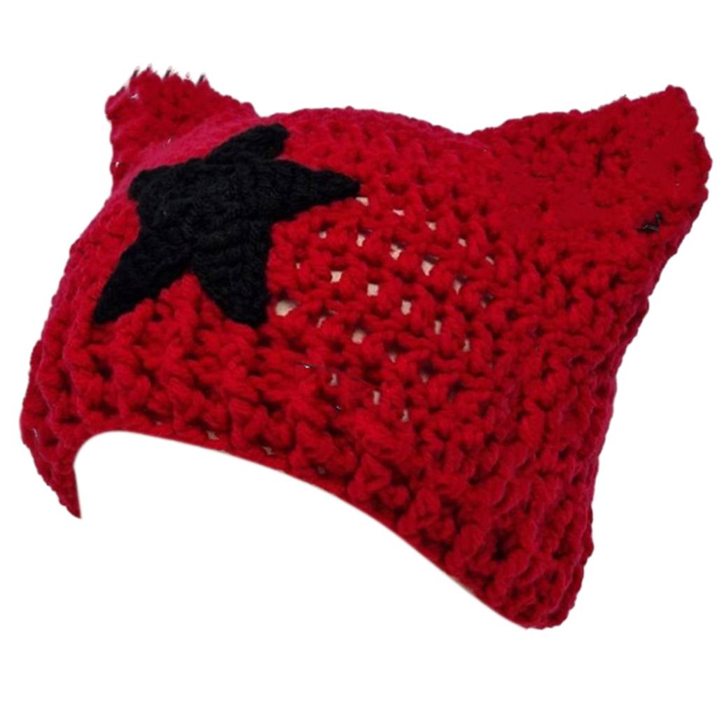 Cat Ear Beanie Hat for Women Harajuku Style Star Patched Earflap Hat Handmade Crochet Hat Y2K Sweet Winter Warm Headwear