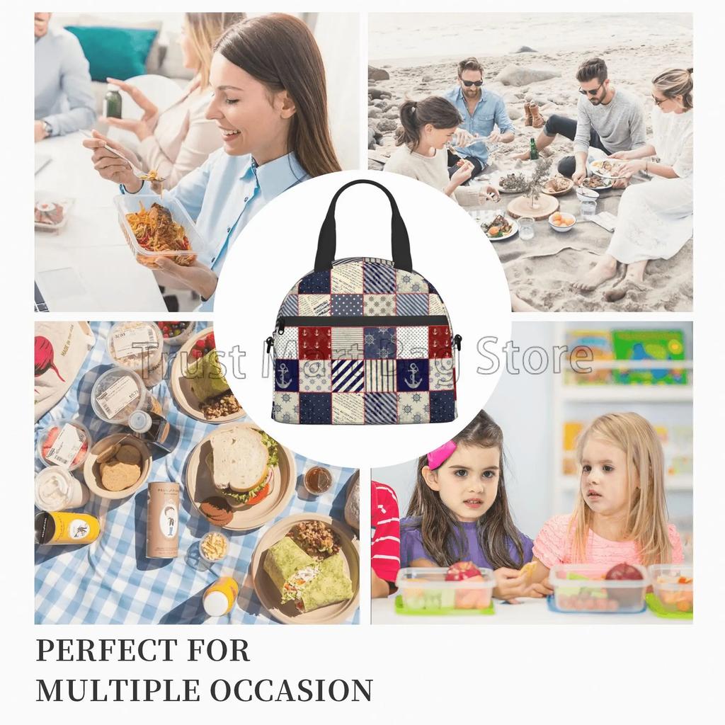 Maritime and Nautical Life Design with Vintage Sailor Knot Anchor Insulated Lunch Bag Thermal Bento Totes with Adjustable Strap