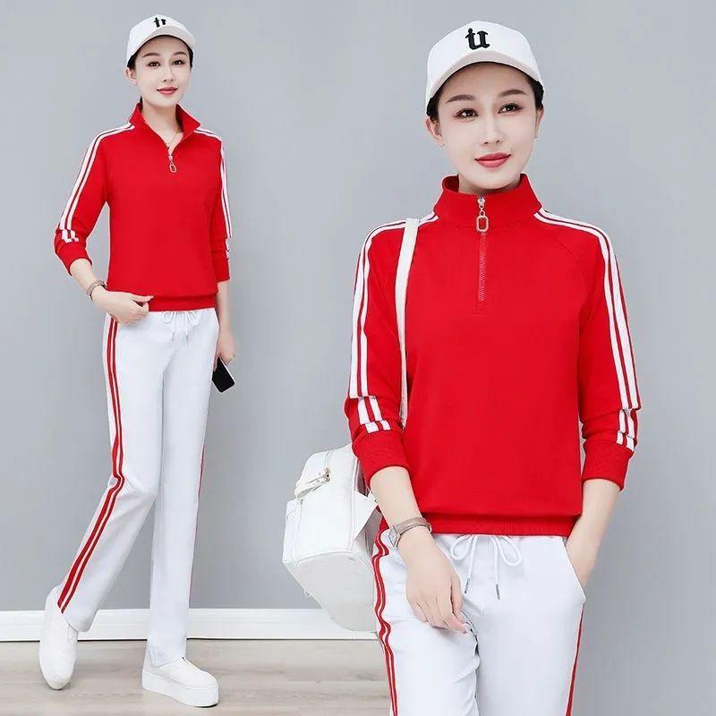 [Featured] Spring and Autumn new stand-up collar age-reducing splicing sweater two-piece set versatile loose large-size women's suit autumn model