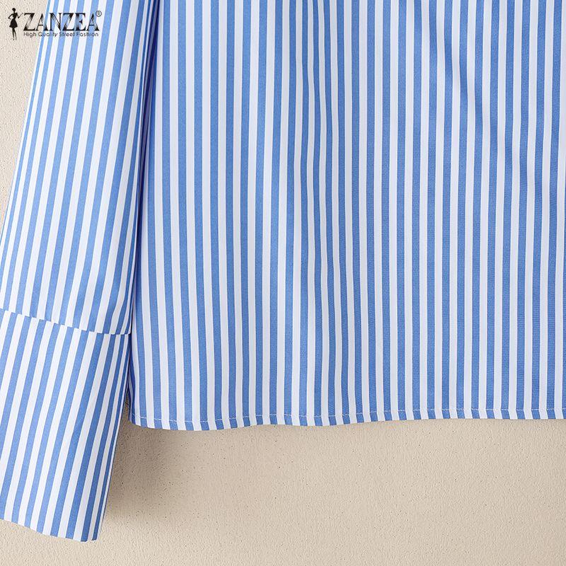 ZANZEA Women Casual High Neck Loose Long Sleeve Stripe Blouse