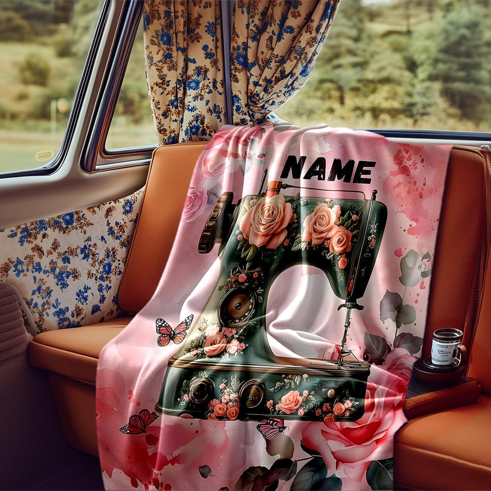 Vintage Floral Sewing Machine Art Design Blanketcustomizable With Your Namecomfortable And Stylish Perfect For Travel Beds Chairs Offices Sofas