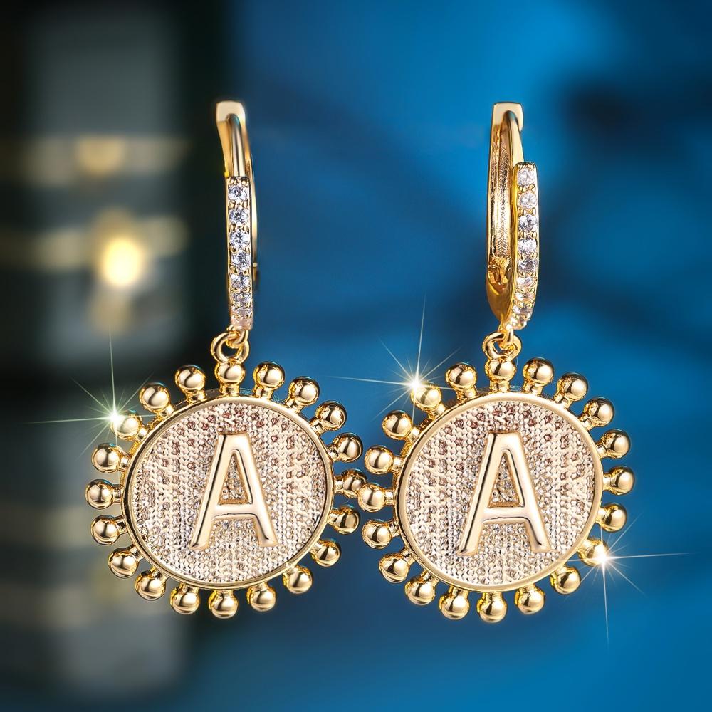 

A-Z 26 Letter Round Hoop Earrings Yellow Gold Color White Zircon Wedding Jewelry For Women