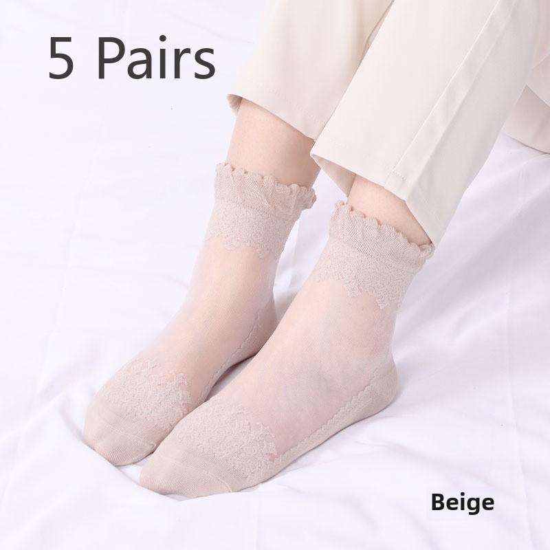5 Pairs of Women's Spring Thin Mid Cylinder Cotton Sole Lace Lace Socks