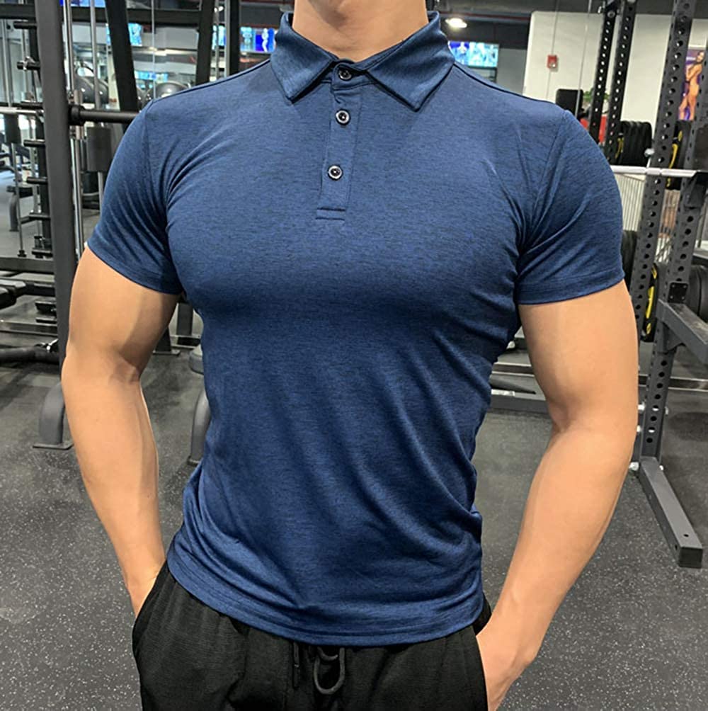 Manatsulife Short Sleeve Polo Solid Slim Stylish Training Wear Men's Shirt, Moisture-Wicking, Quick-Drying, Color, Stretch, Fit, (Navy, L)