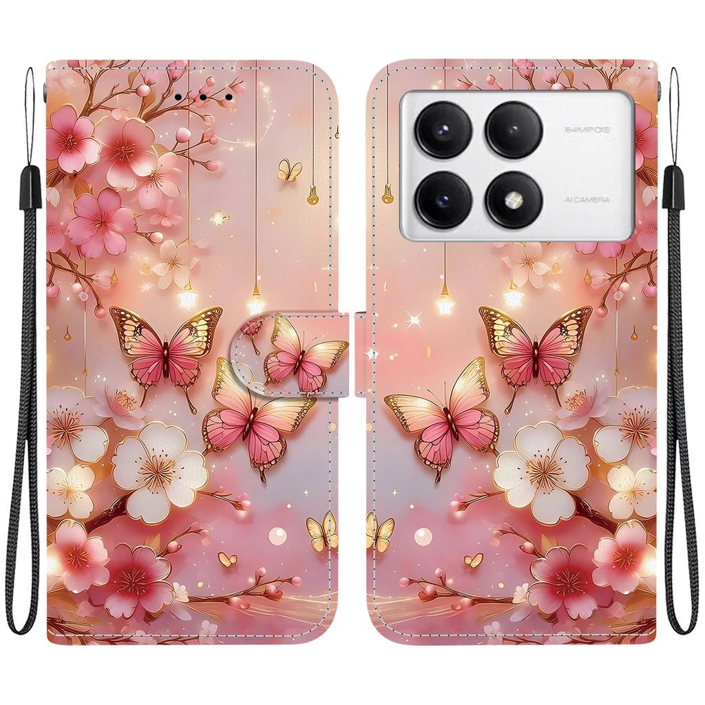 Handmade PU Leather Flip Case for Xiaomi Poco F6 Pro Anti-Slip Shockproof Cover with Wrist Strap & Heart/Rose Cat Designs