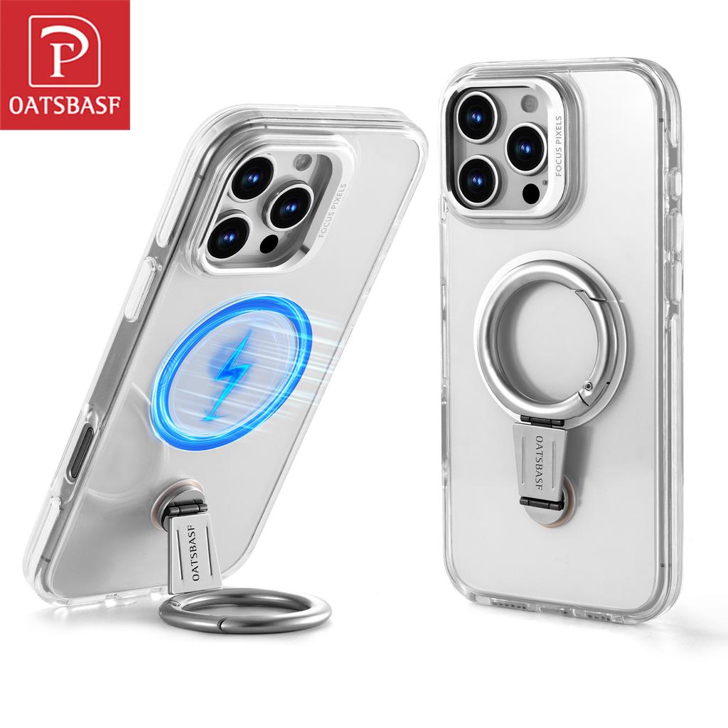 Oatsbasf Handyhülle für iPhone 16 15 Pro Max mit Magsafe 360° drehbarer magnetischer Ringständer Transparenter Stoßfänger Schutzhülle