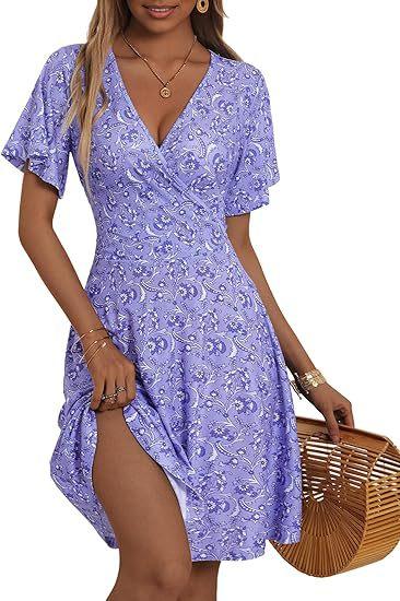 Summer Floral Short Sleeve Wrap V-Neck A Line Midi Dress