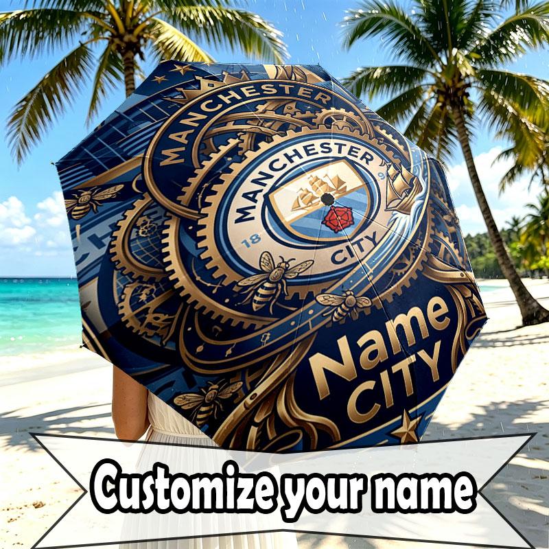 Custom Name Personalized Manchester City Print Umbrella, Auto Open Close, 8‑Rib Sturdy Frame, Commute Camping Hiking Use, Birthday Gift
