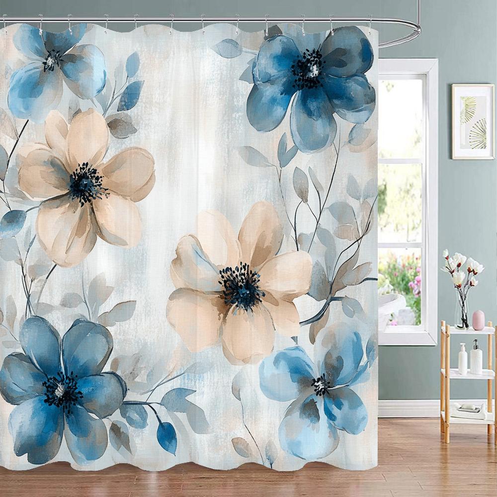 Beautiful and Elegant blue Flowers Pattern Shower Curtain,  Bathroom Decorative Shower Curtain,Home Curtain with Hooks