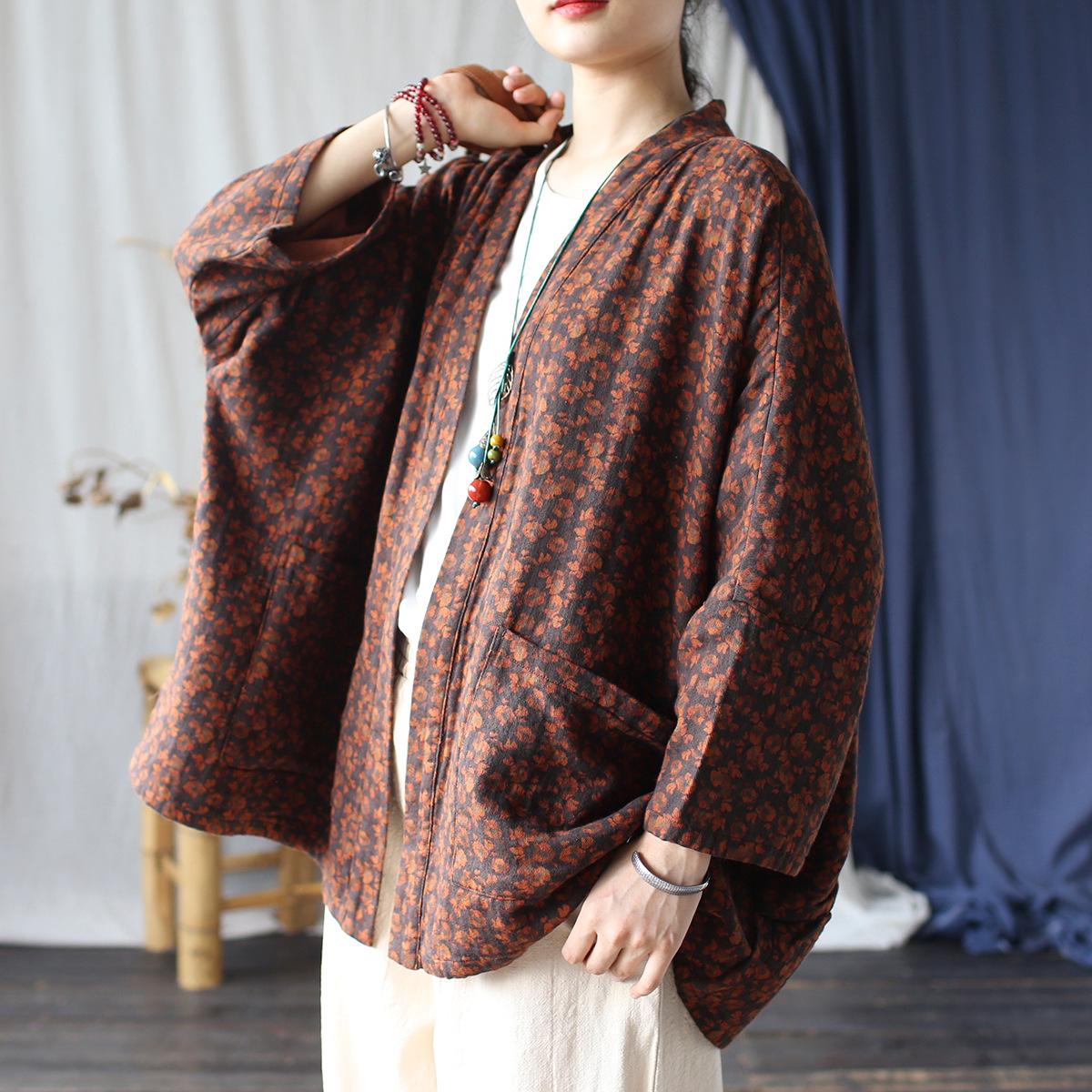 

Johnature Свободное женское зимнее пальто в китайском стиле с принтом и V-образным вырезом, винтажное пальто One Size