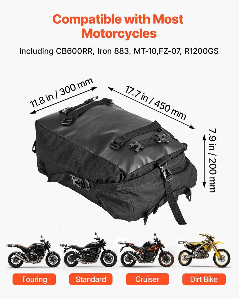 Motorcycle Tail Bag, 30 L Motorcycle Rear Seat Bag with Waterproof Rain Cover, Outdoor Sports Motorbike Luggage Storage Trunk Rack Backpack with