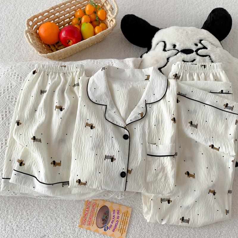 Dachshund Polka Dot Premium Cloud Cotton Pajamas Women'S Summer Short-Sleeved Casual Loungewear Three-Piece Set