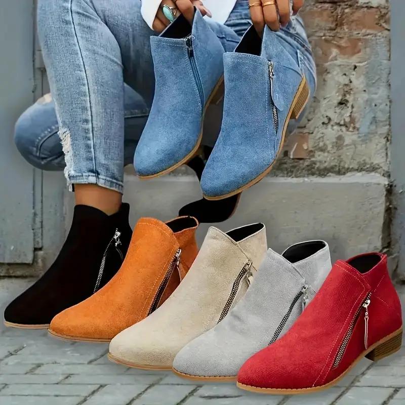 Women'S Fashionable Ankle Boots - Pointed Toe, Mid-Heel, Zipper Closure, All-Season Comfort, Fabric Upper/Insole/Shoe Pad, Non-Slip TPR Sole