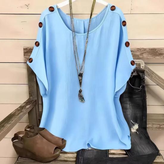 Damen Oberteile Rundhals Fledermausärmel Kurze Ärmel Knöpfe Dekoration T-Shirt Lockerer Schnitt Einfarbige Sommer Freizeitbluse