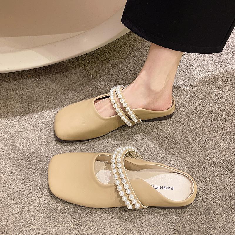 Baotou half slippers women's spring and summer outer wear 2025 new Internet celebrity pearl bow soft bottom fairy wind sandals