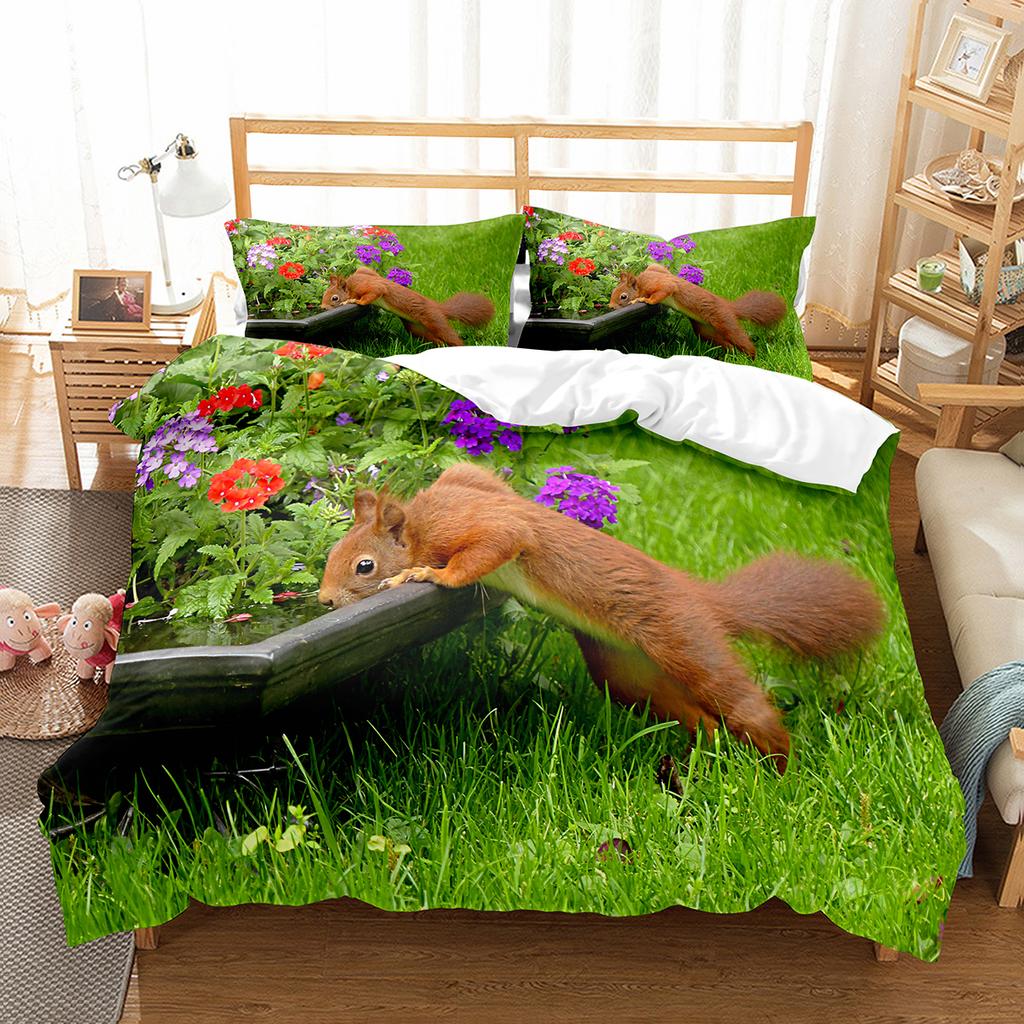 Squirrel Duvet Cover Set Cute Wild Animals Polyester Comforter Cover With Pillowcase For Kids Teen Bedroom Decor King Queen Size