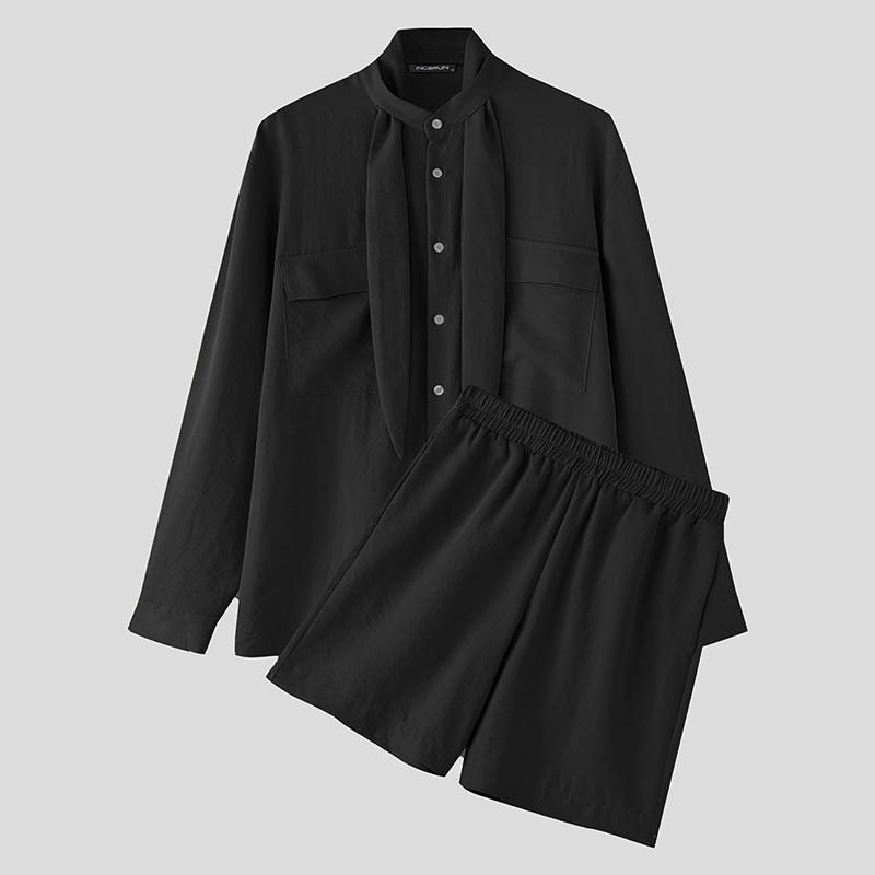 

INCERUN Two Pieces Men Tie Up Long Sleeve Shirts Short Pants Casual Sets S чёрный
