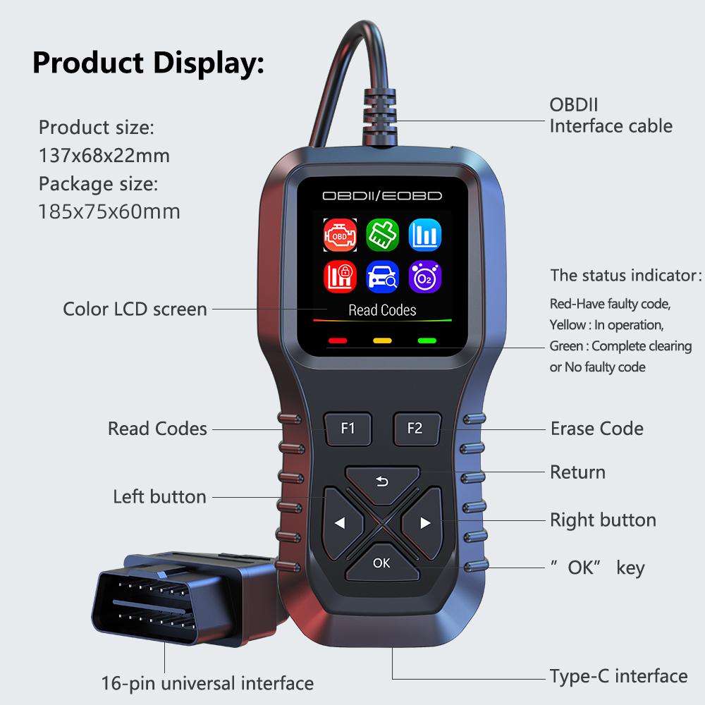 Data Stream 12 Languages With Read Codes Erase Codes K1 Car Diagnostic Tool DTC Lookup Color Screen Display O2 Sensor Test
