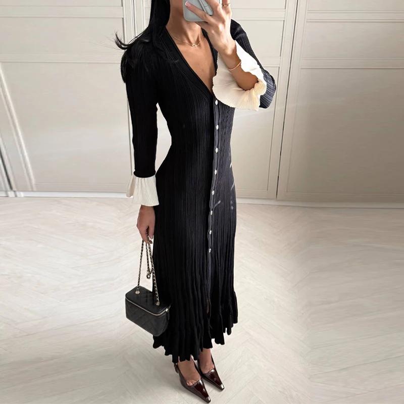 LYRIA Elegant Knitted V-neck Long Dress Women Patchwork Single Breasted Long Puff Sleeve Slim Dresses Chic Female Hip Package Vestidos