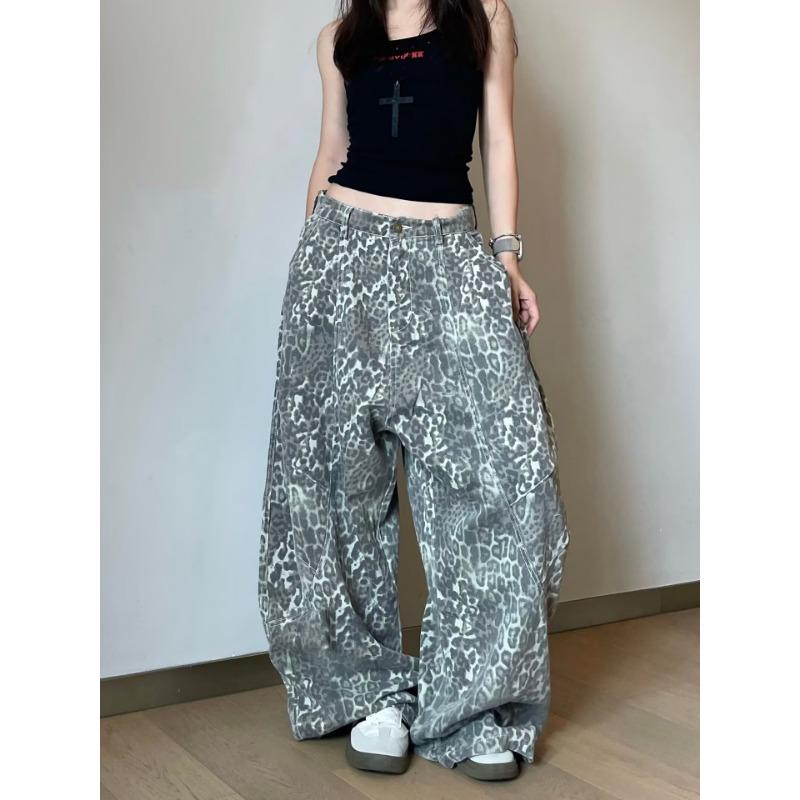 

Винтажные брюки-шаровары с леопардовым принтом, женские летние уличные, силуэт оверсайз, моппинг, свободные джинсовые комбинезоны 3XL