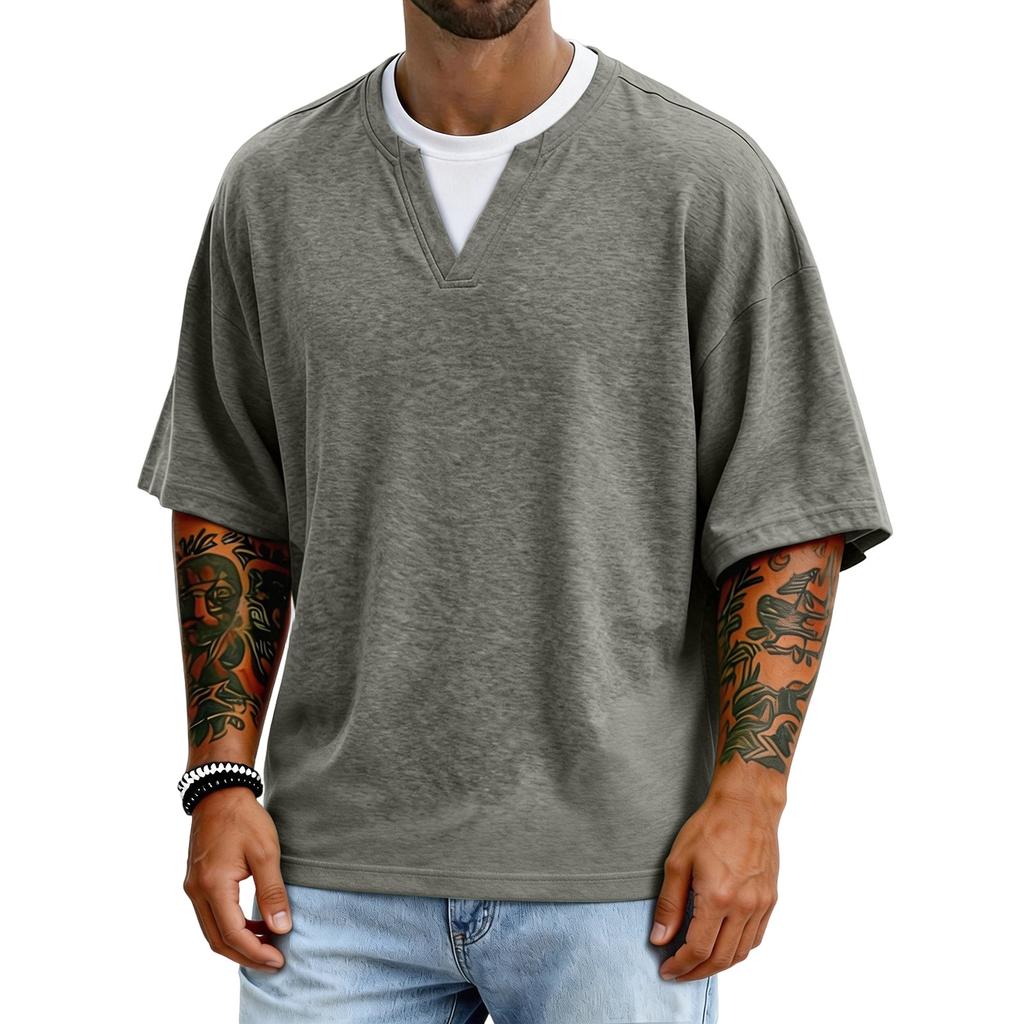 Men's Casual Color V-neck Fake Two-piece Breathable Short-sleeved Top