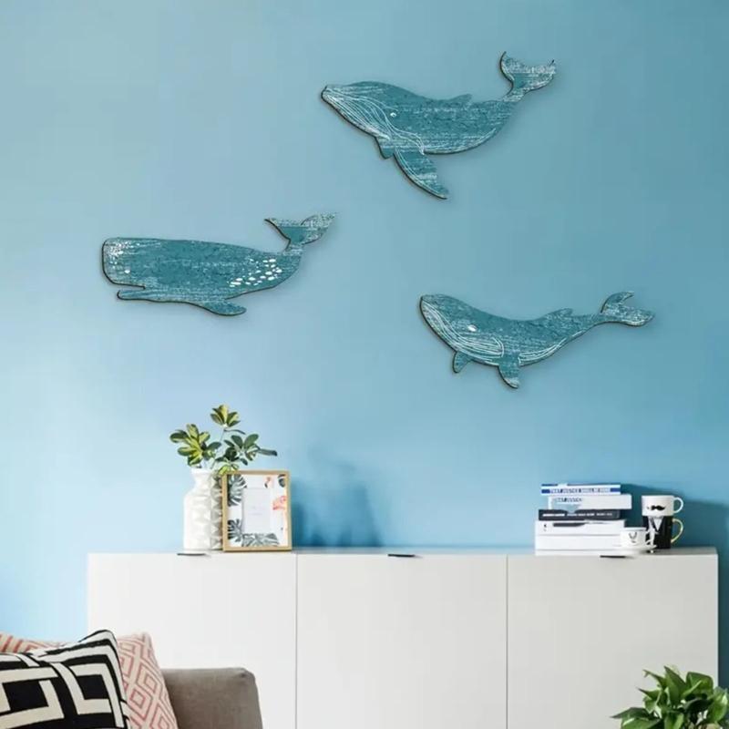 3Pcs Farmhouses Ocean Theme Wooden Blue Whale Wall Hanging Handmade Craft For Beach Houses Lake Cabin Nursery Decoration