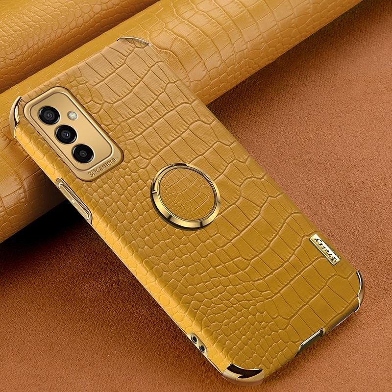 

For Samsung Galaxy M23 5G/F23 5G Phone Cover Crocodile Texture Kickstand Electroplated Finger Ring Holder Coated TPU Phone Case Yellow
