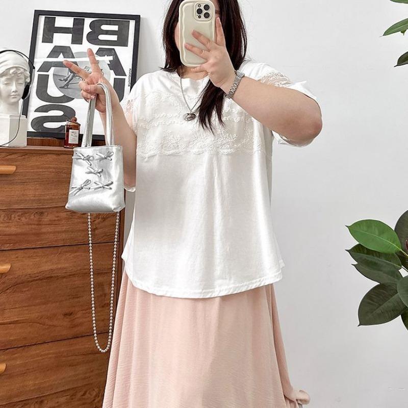 

Large Size Short-sleeved Women s New Summer Style Style Lace Splicing Versatile Hollow Top 2XL