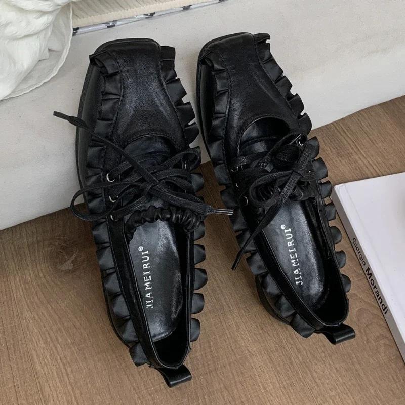 Fashion Elegant Cross Tied Pleated Low Heel Design Mary Jane Shoes Women High Quality Soft Leather Square Toe Flats Cozy Shallow Loafers