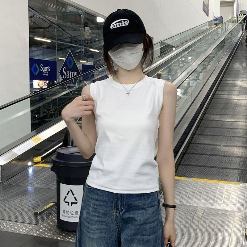 

Round Neck Sports Vest for Women s Summer Outer Wear Slim Fit Anti-exposure Covering Side Breasts Wide Shoulder Sleeveless T-shirt S белый