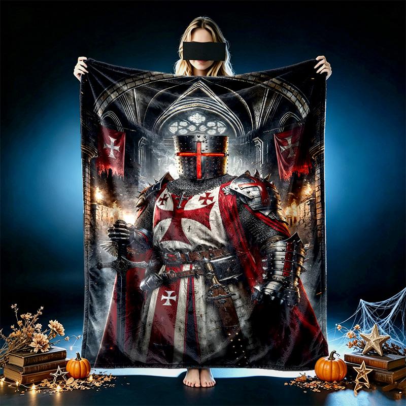 1pc Knight Warrior Portrait Black Blanket, Cozy Valentine's Day Blanket, Multi-functional Nap Blanket Available Throughout the Four Seasons