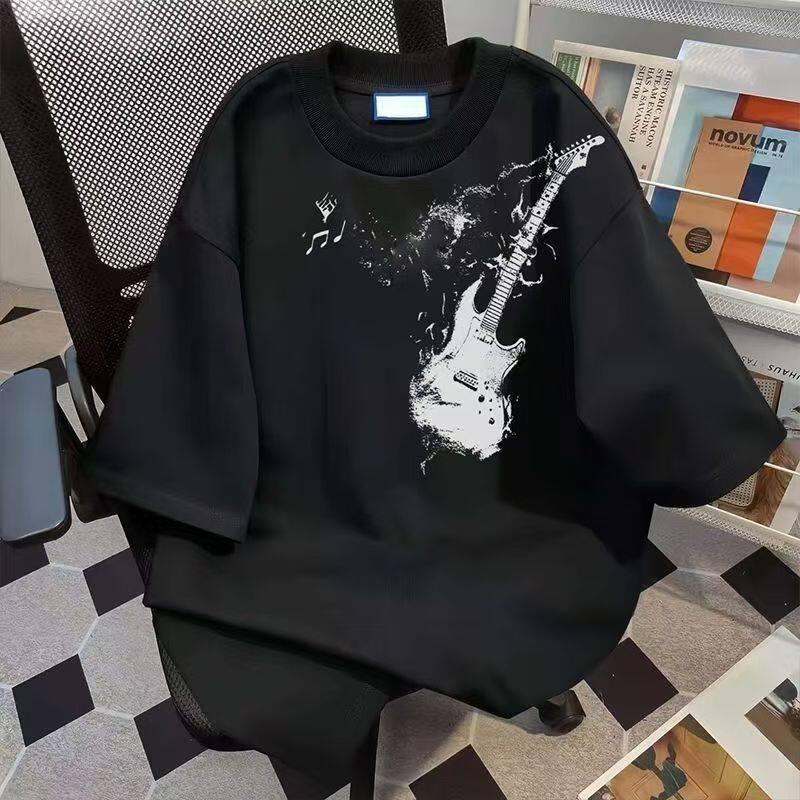 Pure Cotton American Street Guitar Print ShortSleeved TShirt Versatile For Unisex And Unisex In Summer Loose Ins Top Layer