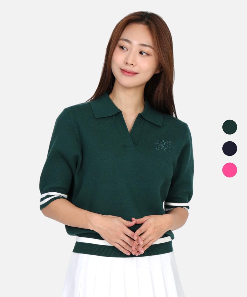 2ELA Women'S Flora Knit Open Collar 3-Sleeve T-Shirt 3 Colors