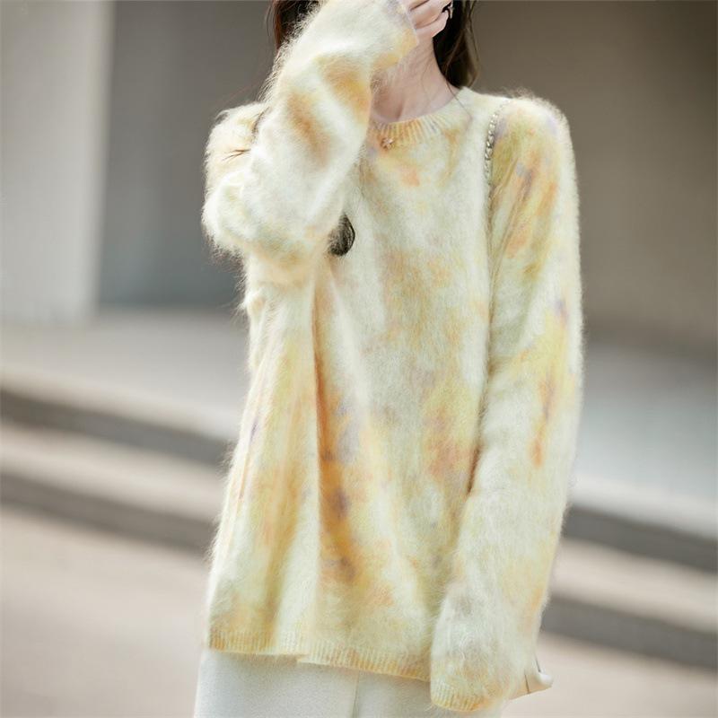 2026 Autumn/Winter Women's Printed Cashmere Wool Knitwear - Round Neck, Long Sleeve, Loose Fit Sweater Top